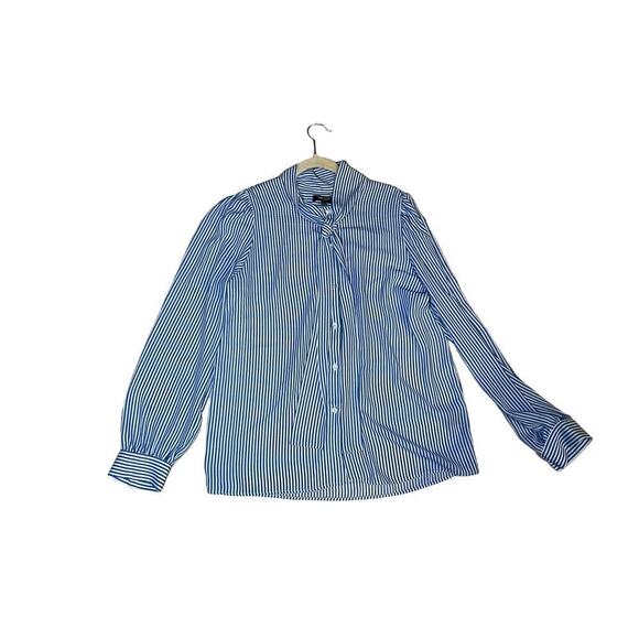 Premise Studio Shirt Women Large Blue Striped 100% Polyester Tie Neck Button-Up - Picture 3 of 5